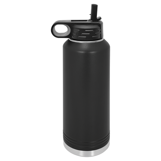 A black stainless steel or powder coated, double wall vacuum insulated water bottle with a pop up drinking spout.